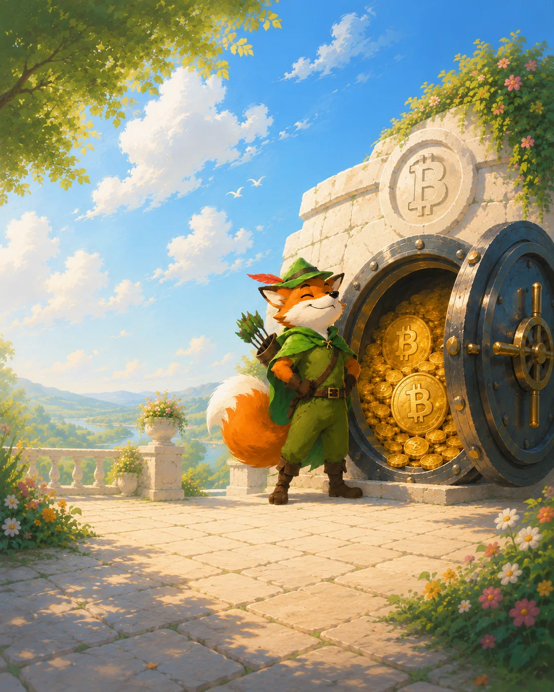Sherwood fox standing beside an open vault of Bitcoin